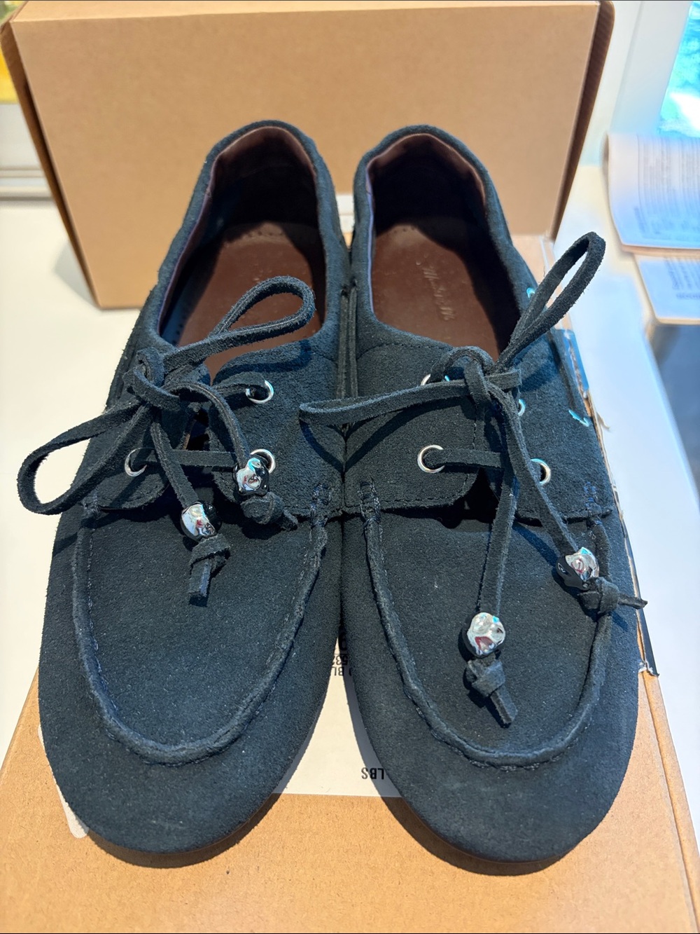 Madewell Navy Jamie Boat Shoes in Oiled Suede with Lace Beads